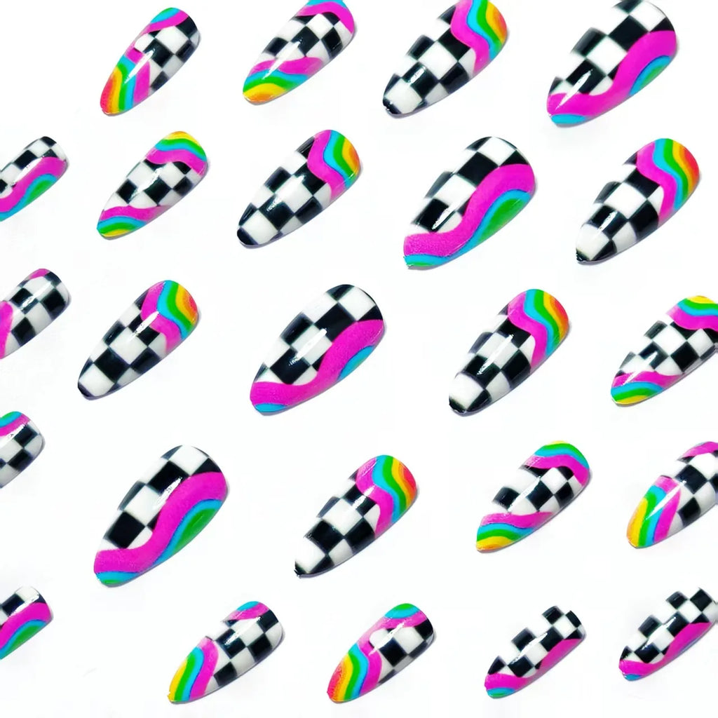 24pcs Almond Shaped Press-On Nails Suitable for Hands&Feet Short Almond Black&White Checkerboard with Neon Fake Nails for Women