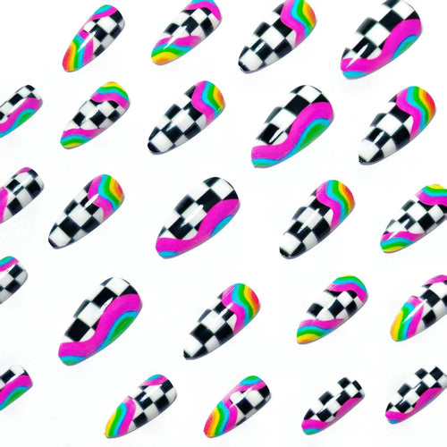 24pcs Almond Shaped Press-On Nails Suitable for Hands&Feet Short Almond Black&White Checkerboard with Neon Fake Nails for Women