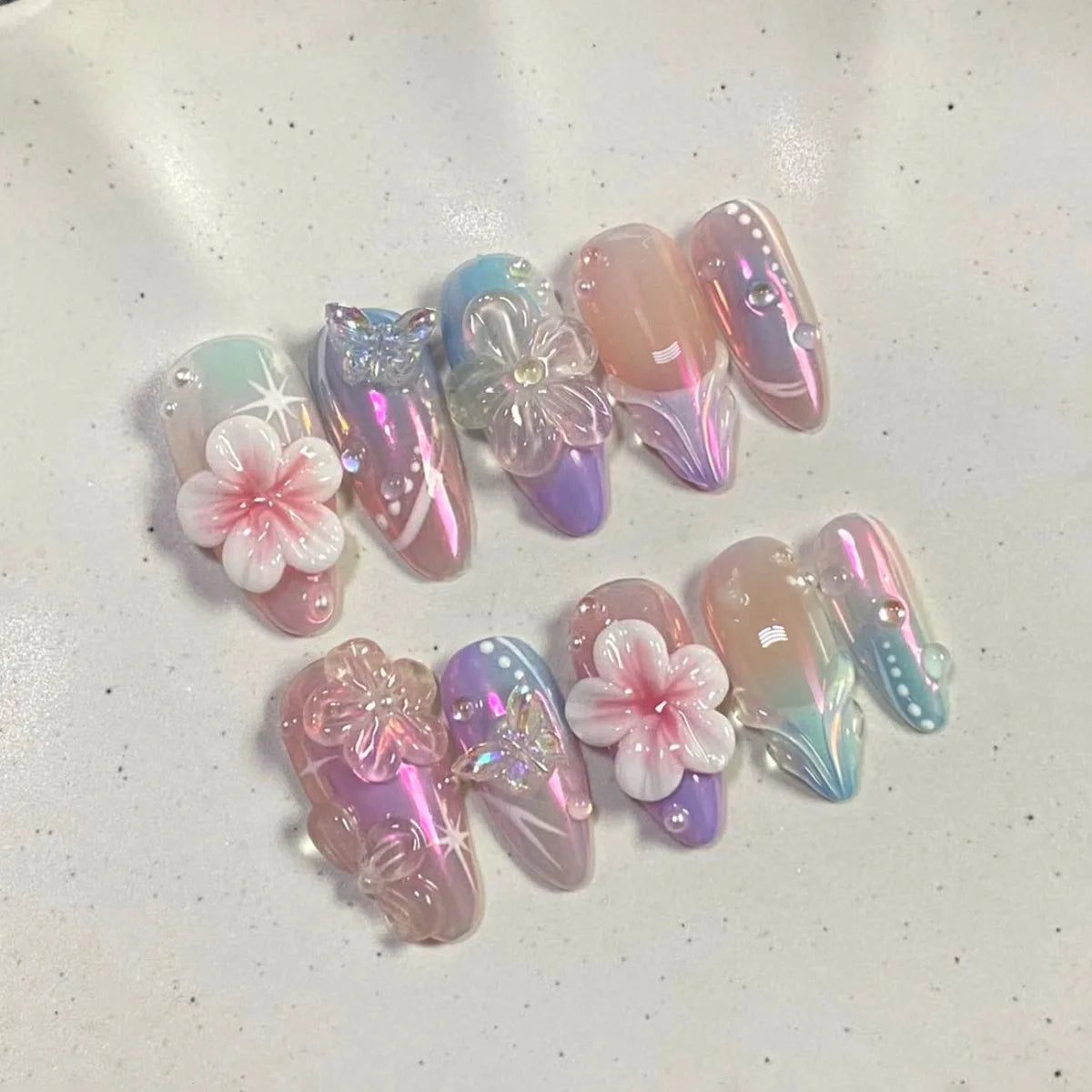 24pcs French Almond Press on Nails Colorful False Nails Summer Wearable Stick-on Nails Fake Nail Uñas Накладные Ногти 네일팁