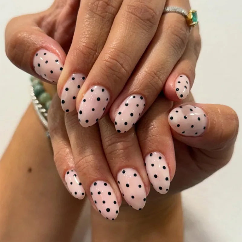 24PCS Simple Almond Press on Nails with Glue White Polka Dots Fashionable False Nails for Women Wearable Fake Nails with Design
