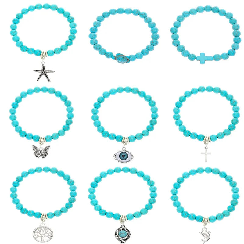 Bohemian Turquoise Beaded Bracelet Ethnic Style Cross Starfish Turtle Bracelet Turquoise Jewelry