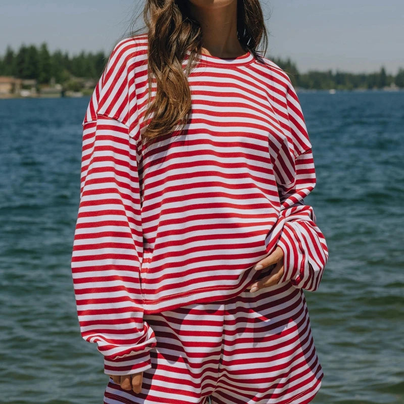 Striped Two Piece Long Sleeve and Short Set