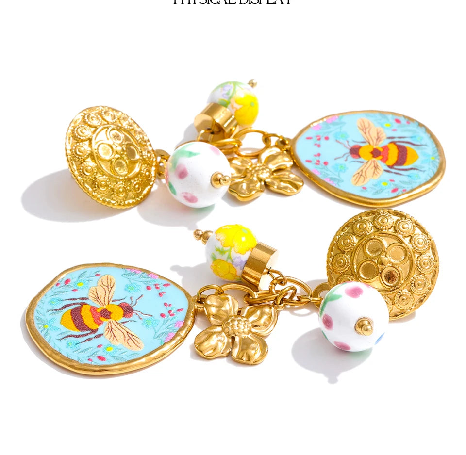 Flower Honeybee Drop Earrings