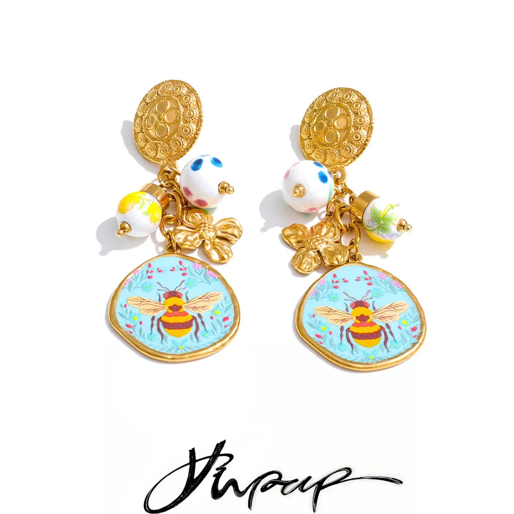 Flower Honeybee Drop Earrings