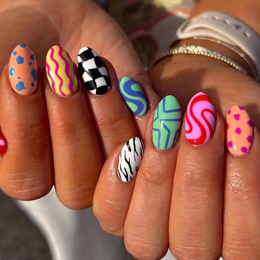 24pcs Almond Shaped Press-On Nails Suitable for Hands&Feet Short Almond Black&White Checkerboard with Neon Fake Nails for Women