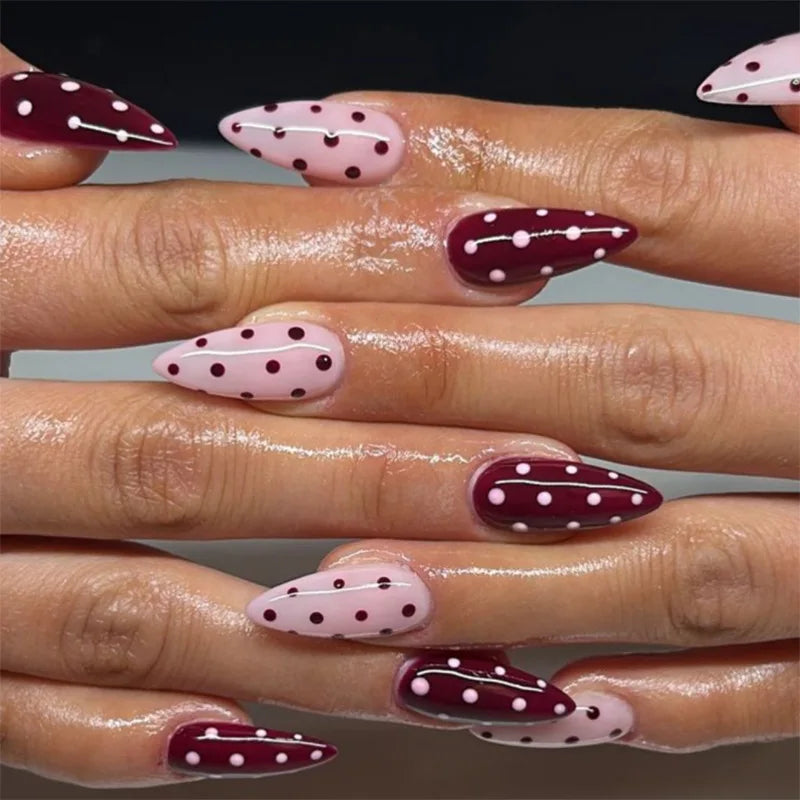 24PCS Simple Almond Press on Nails with Glue White Polka Dots Fashionable False Nails for Women Wearable Fake Nails with Design