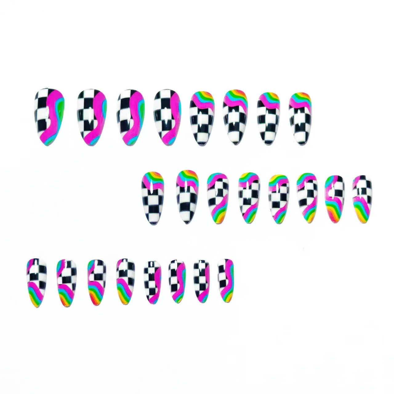 24pcs Almond Shaped Press-On Nails Suitable for Hands&Feet Short Almond Black&White Checkerboard with Neon Fake Nails for Women