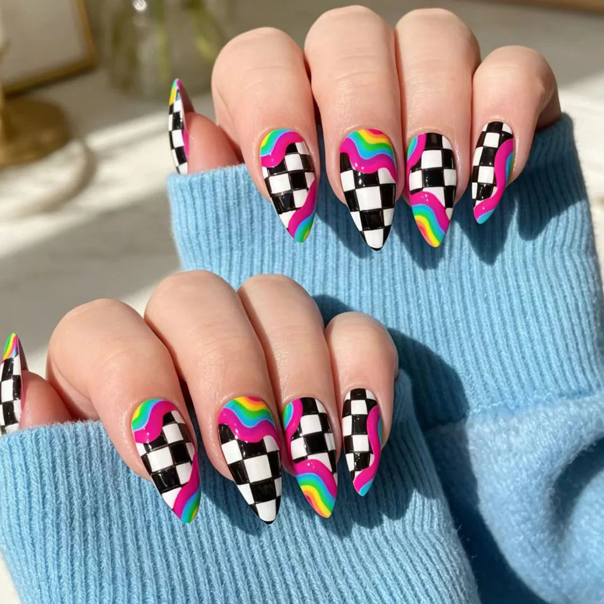 24pcs Almond Shaped Press-On Nails Suitable for Hands&Feet Short Almond Black&White Checkerboard with Neon Fake Nails for Women