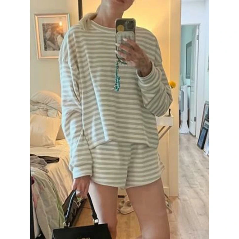 Striped Two Piece Long Sleeve and Short Set