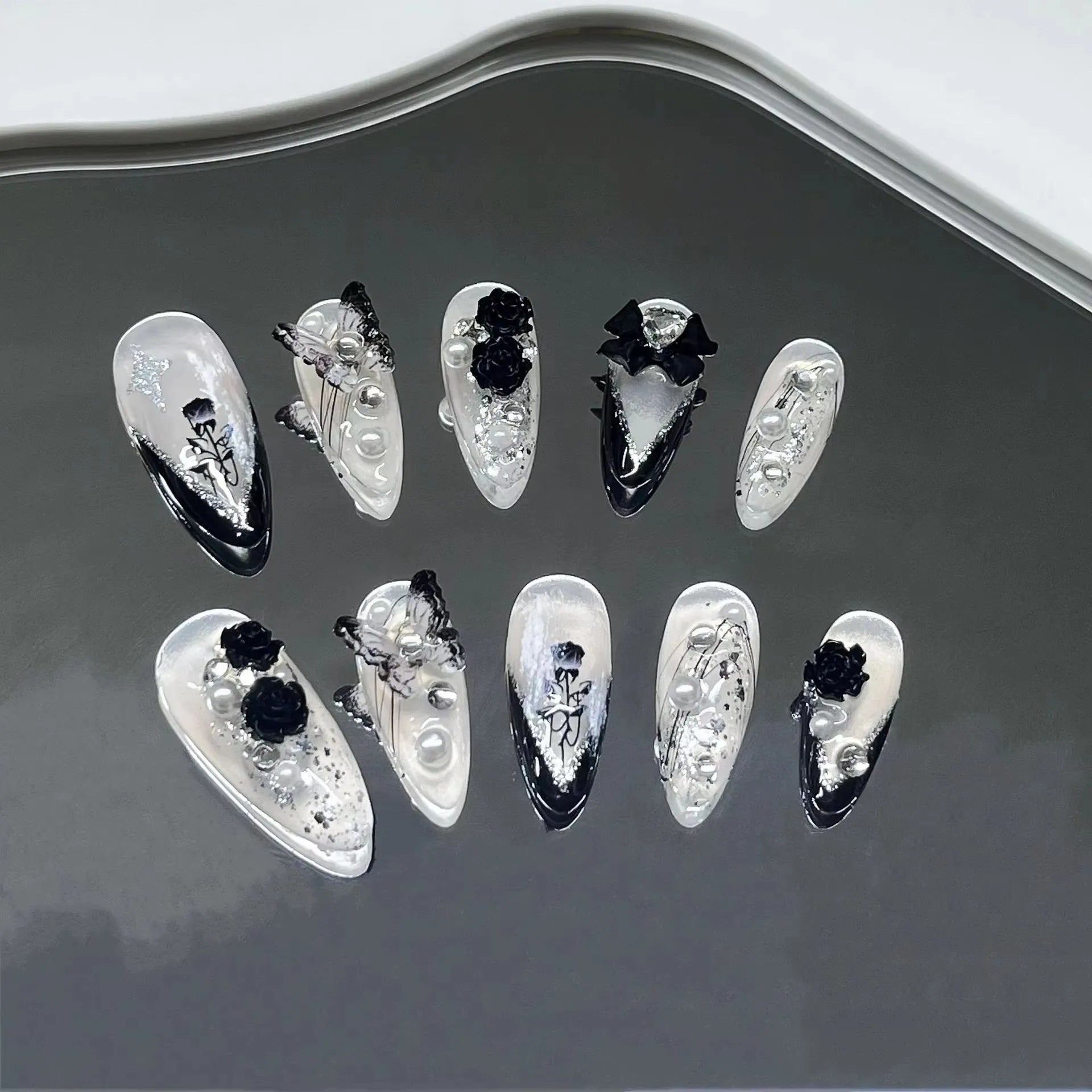 10Pcs Handmade Press on Nails Full Cover Stars Concise Design French Short  Almond False Nails Wearable Manicure Nail Tips Art
