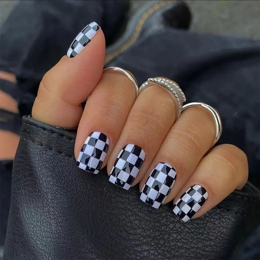 24pcs Almond Shaped Press-On Nails Suitable for Hands&Feet Short Almond Black&White Checkerboard with Neon Fake Nails for Women