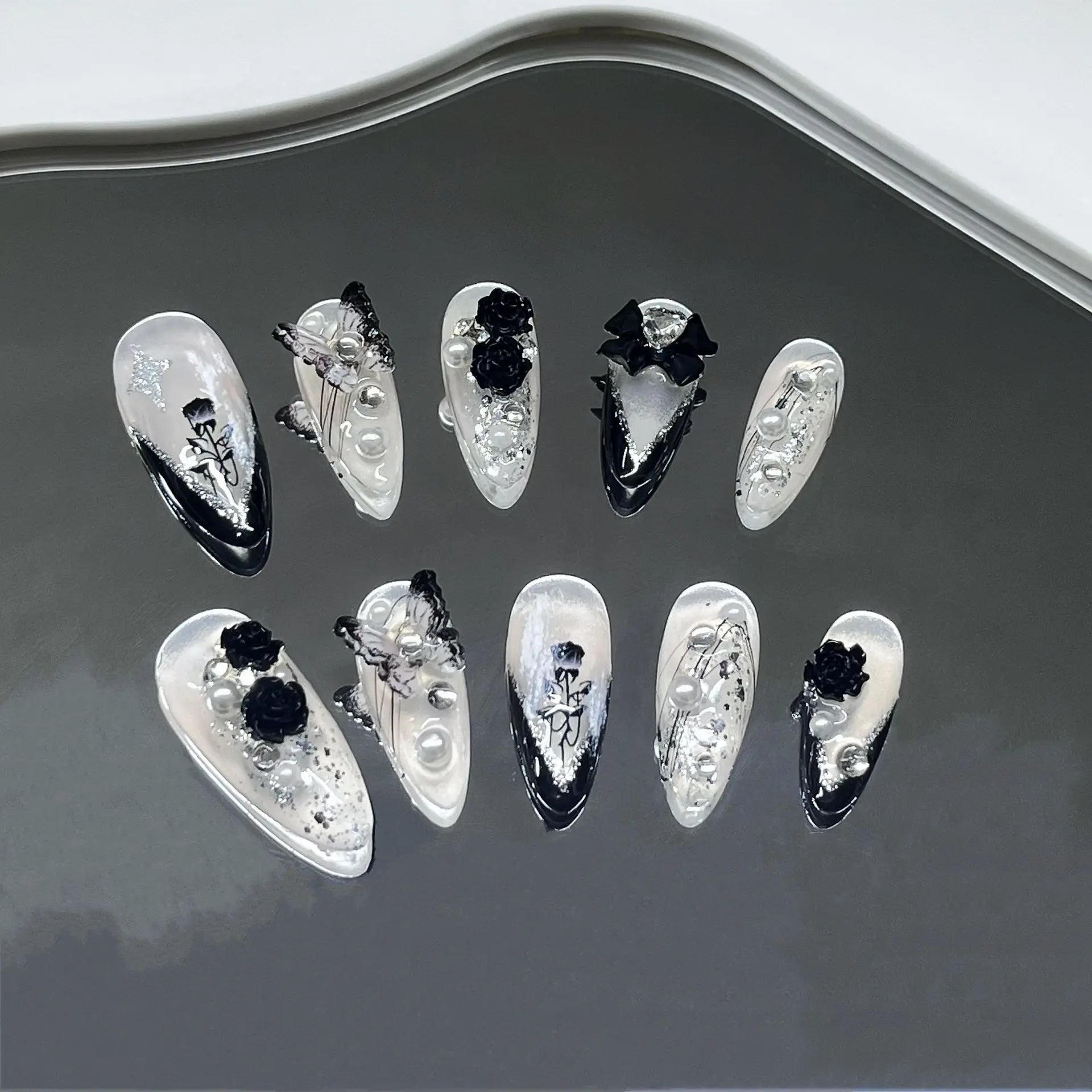 10Pcs Handmade Press on Nails Full Cover Stars Concise Design French Short  Almond False Nails Wearable Manicure Nail Tips Art