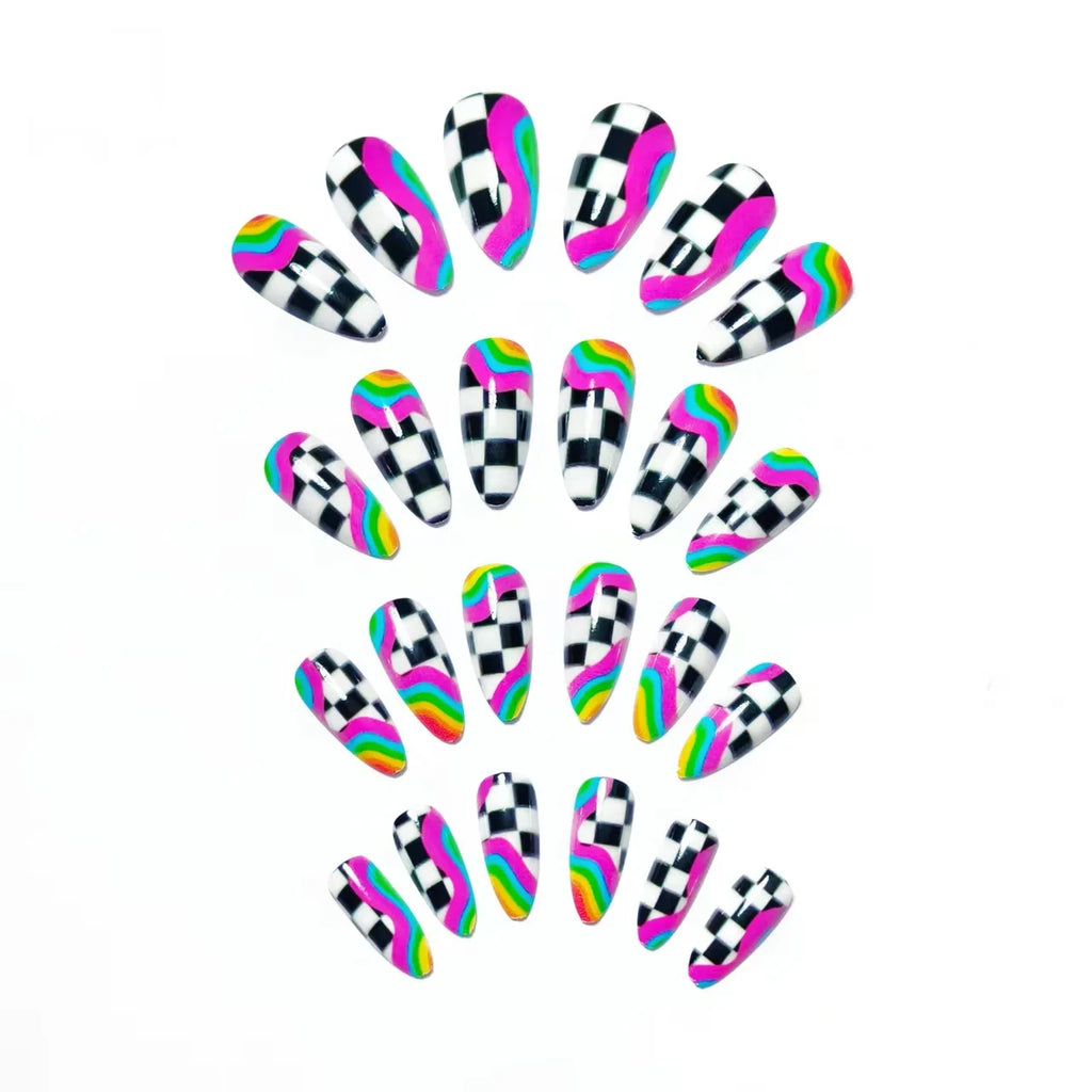 24pcs Almond Shaped Press-On Nails Suitable for Hands&Feet Short Almond Black&White Checkerboard with Neon Fake Nails for Women