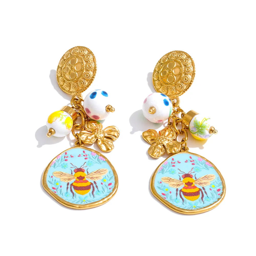 Flower Honeybee Drop Earrings