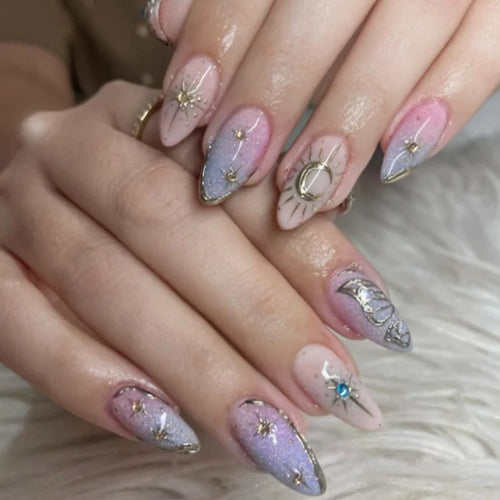24pcs French Almond Press on Nails Colorful False Nails Summer Wearable Stick-on Nails Fake Nail Uñas Накладные Ногти 네일팁