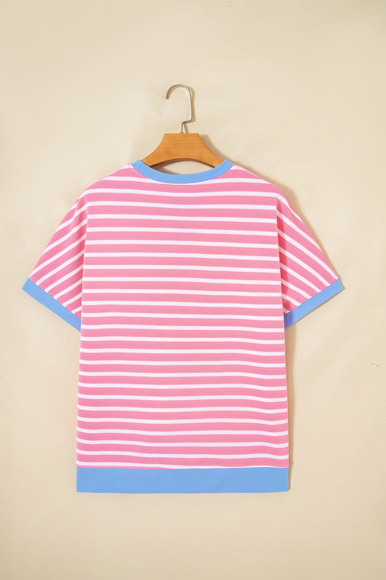 Pink Stripe Contrast Trim Loose Short Sleeve Top