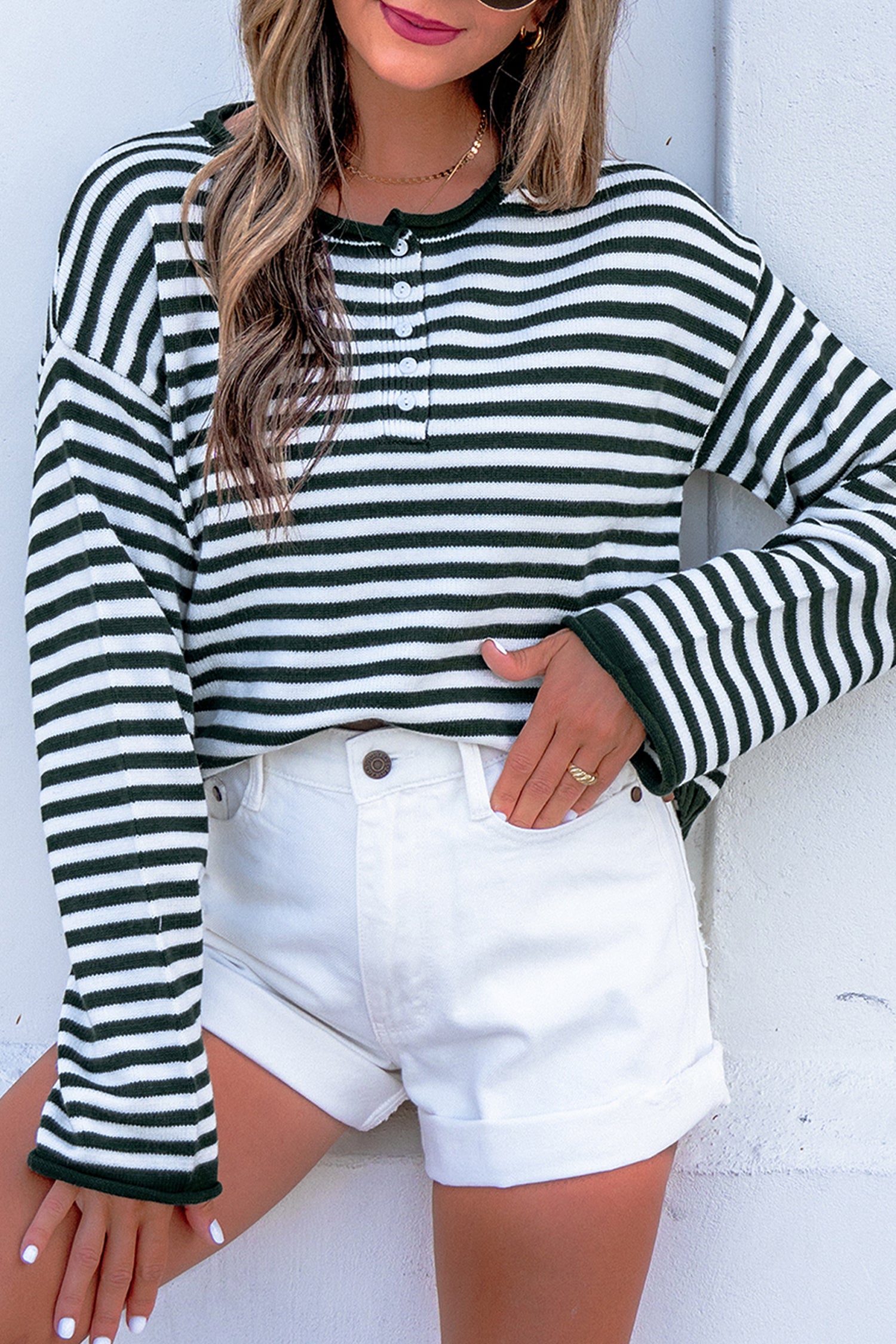Pink Stripe Striped Button Placket Drop Shoulder Long Sleeve Sweater