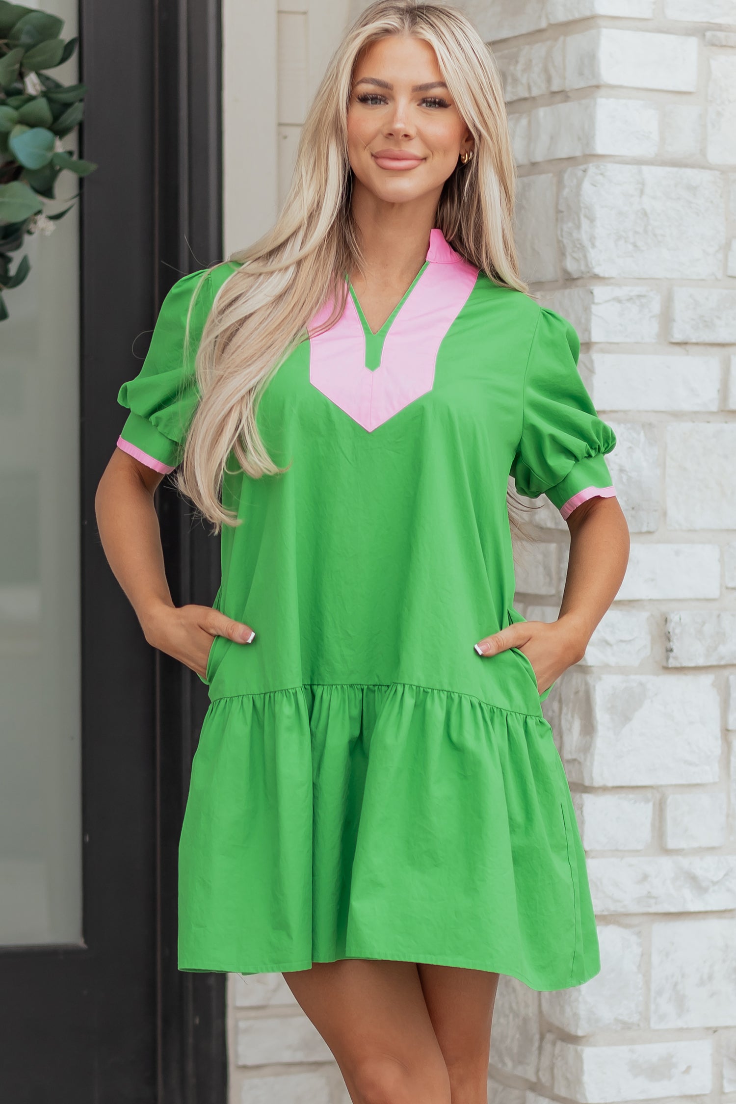 Bright Green Color Block Mini Dress