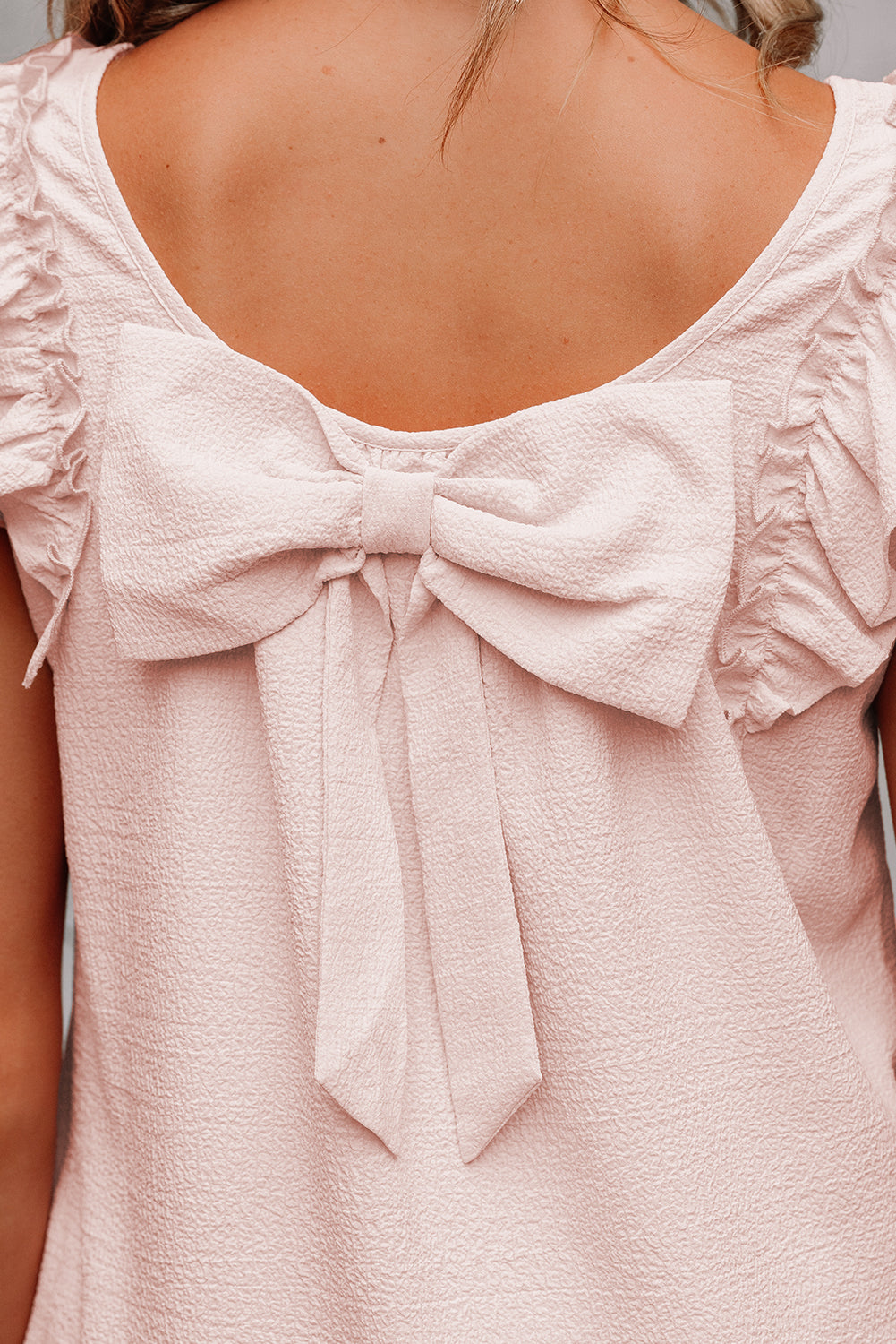 Light Pink Flutter Sleeve Bow Mini Dress