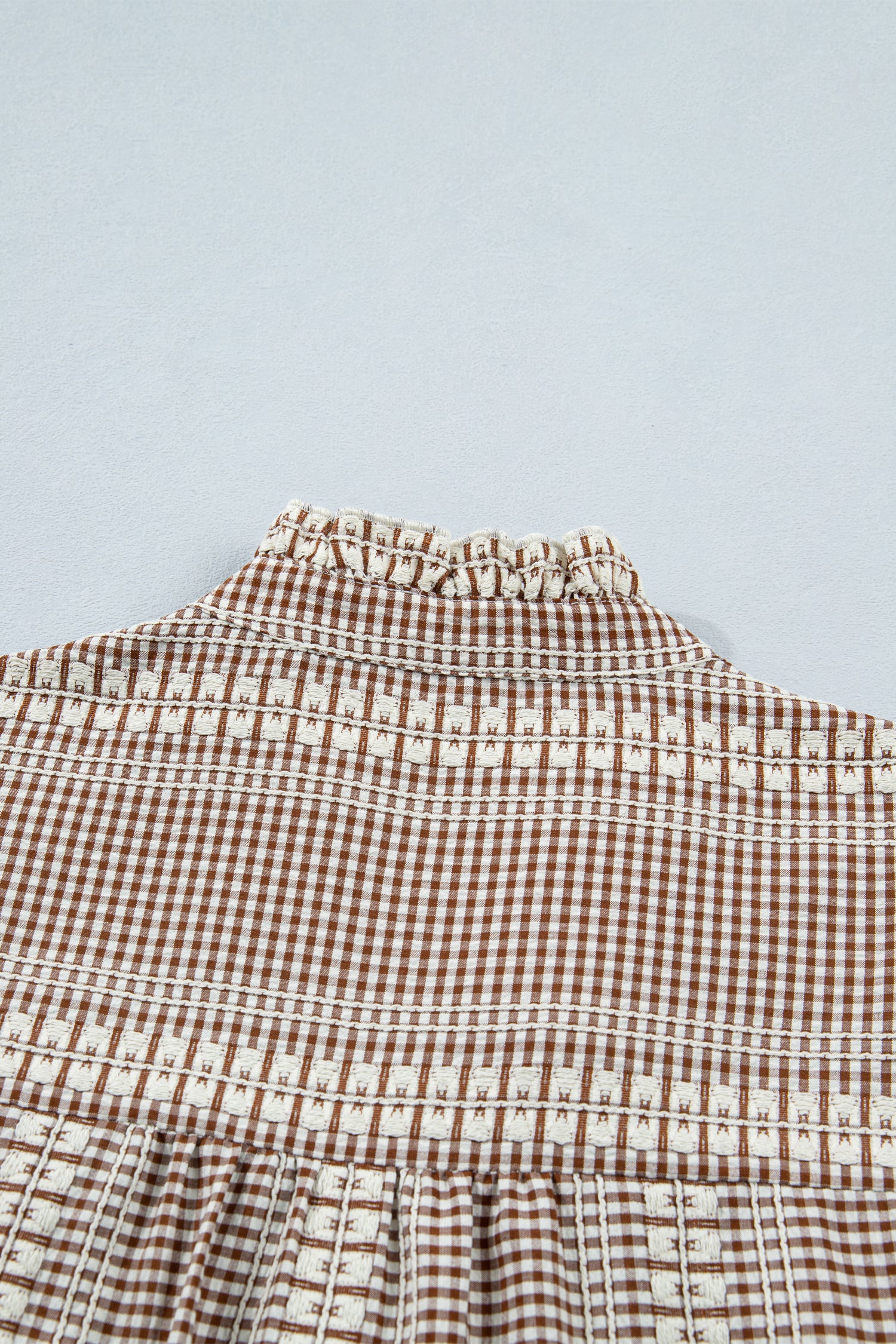 Brown Western Pony Embroidered Yoke Puff Sleeve Gingham Blouse