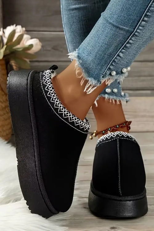 Black Faux Suede Embroidered Detail Plush Lined Platform Slippers