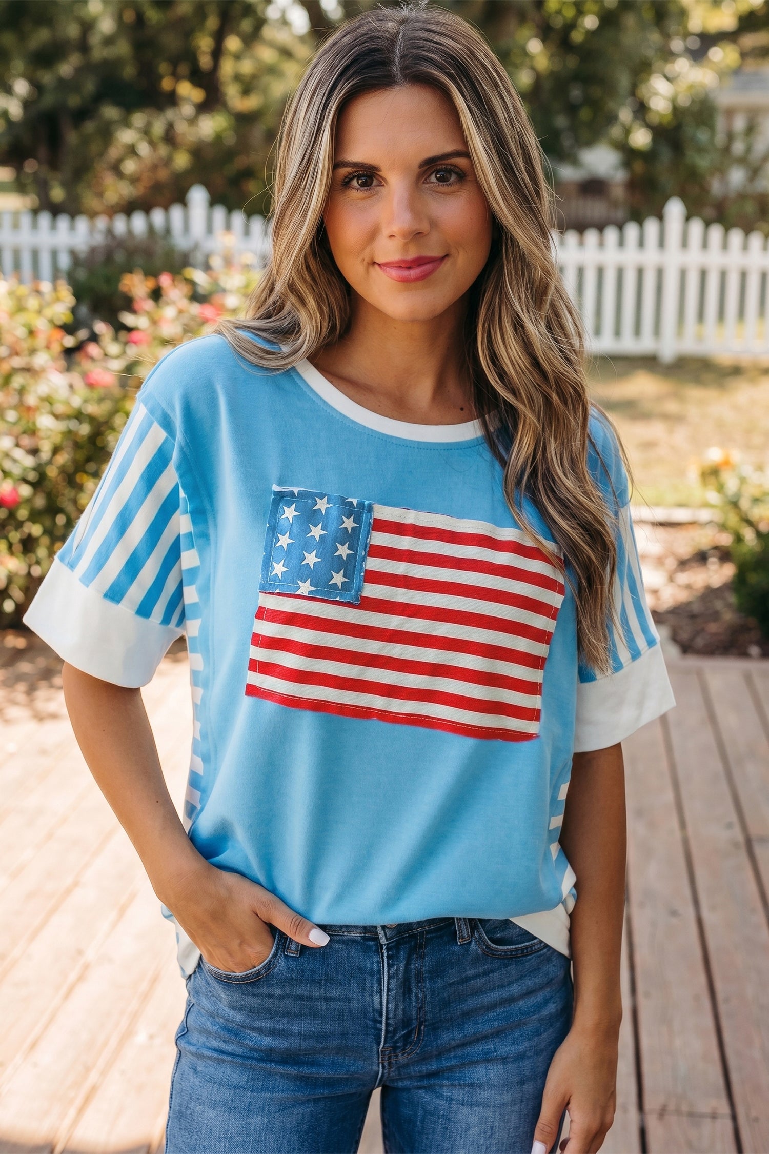Light Blue Flag Print Patchwork Colorblock July 4th T Shirt