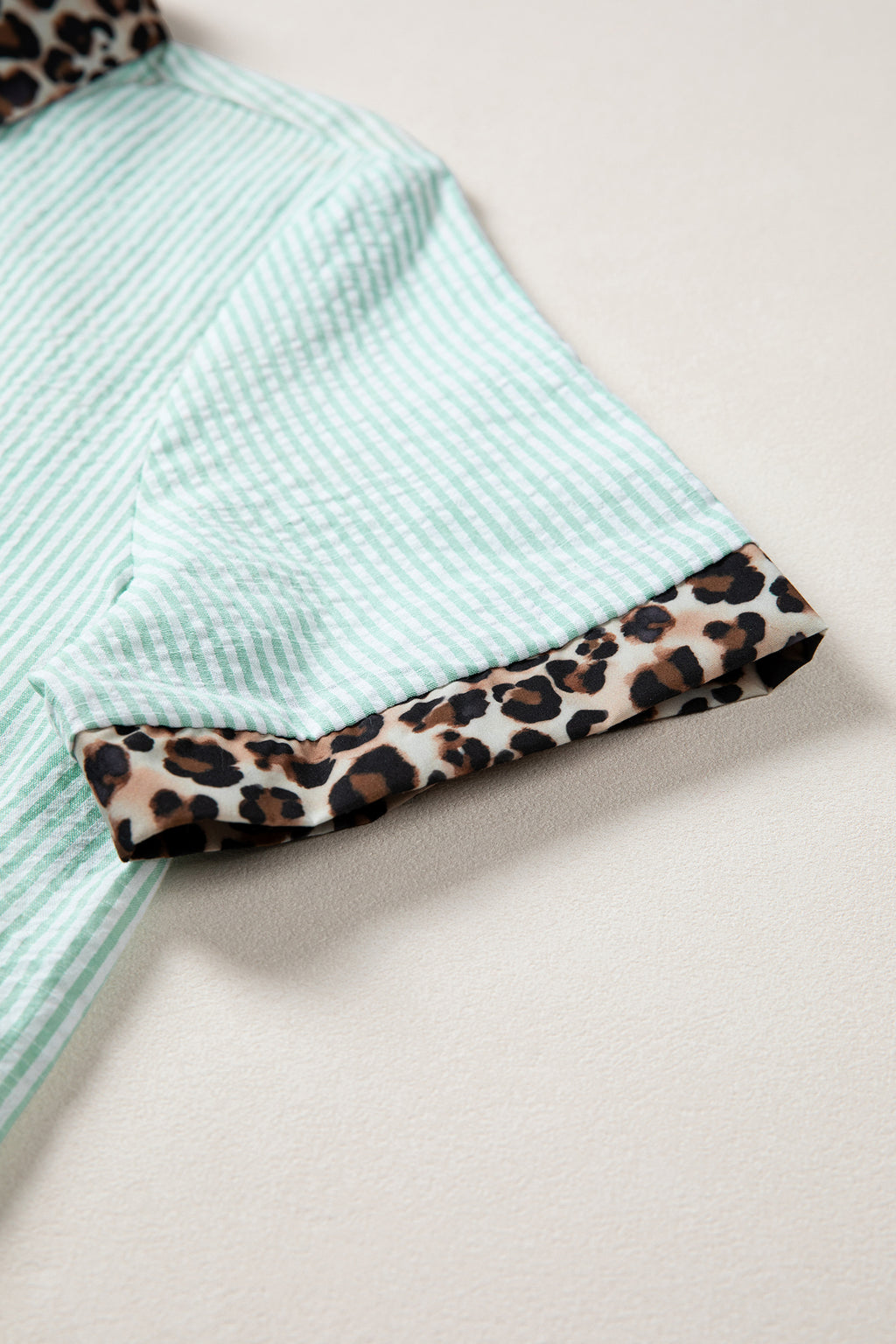 Green Stripe Leopard Contrast Collar Short Sleeve Shirt