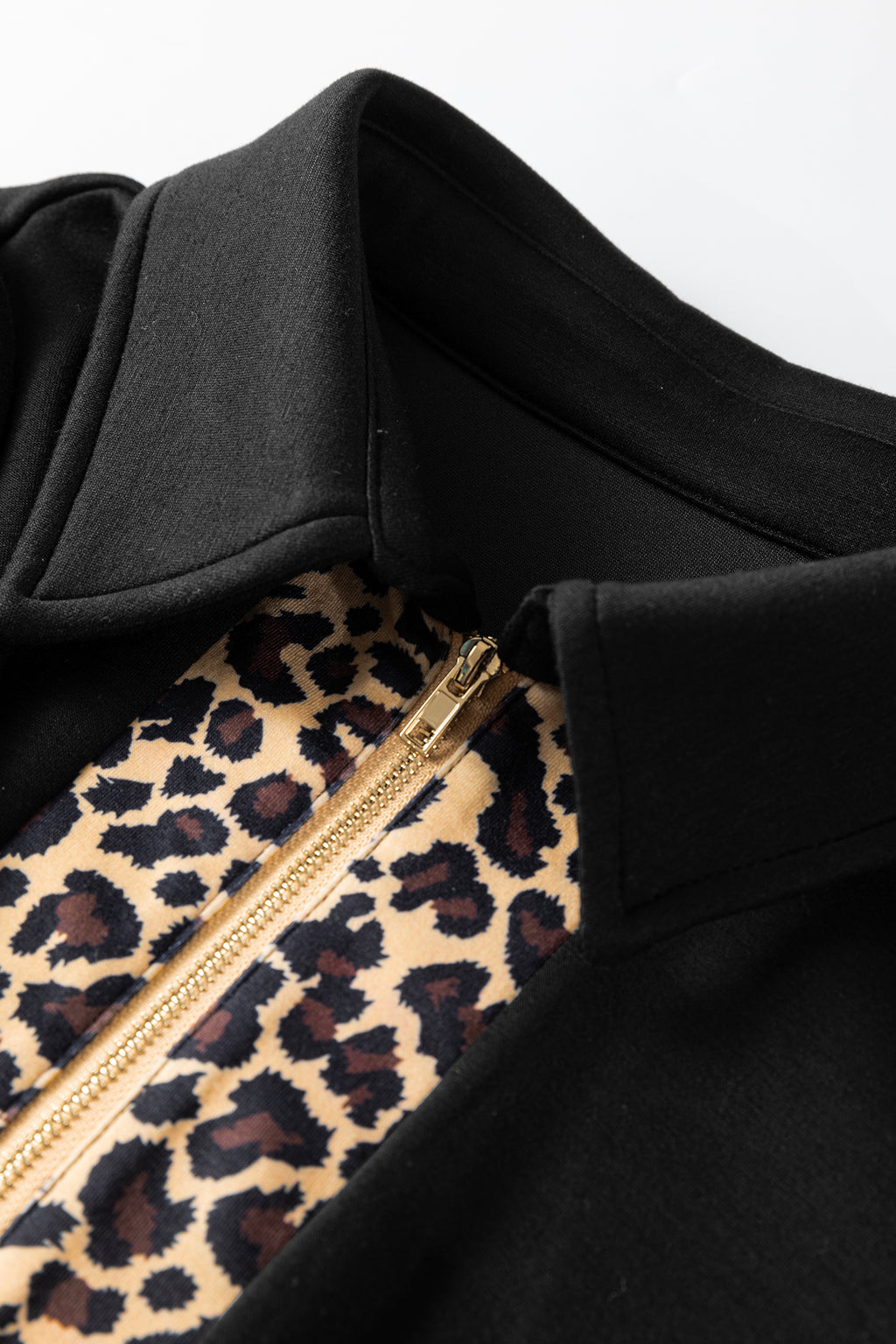 Black Leopard Zip Collared Short Puff Sleeve Mini Dress