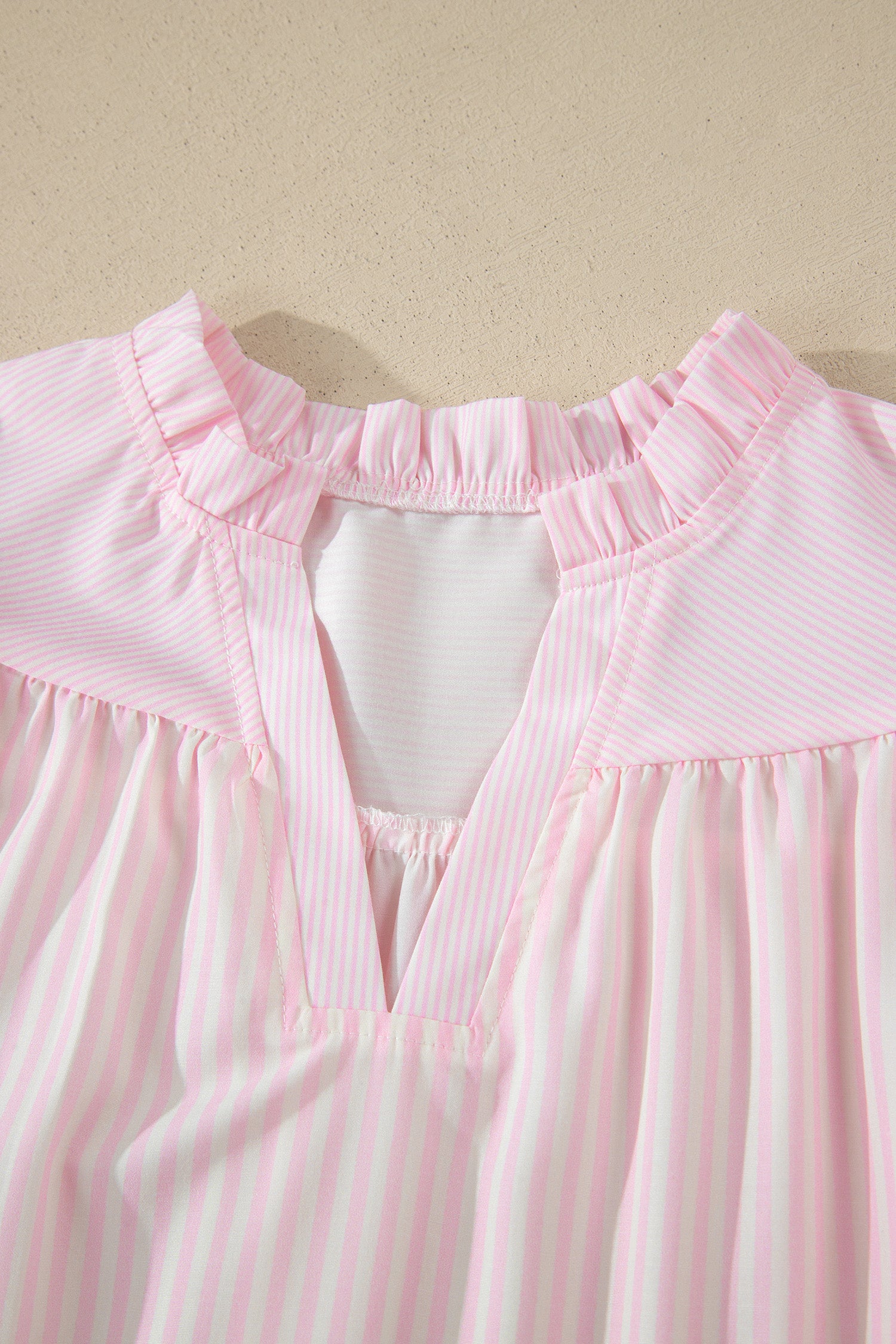 Pink Stripe Contrast Trim V Neck Flutter Sleeve Blouse