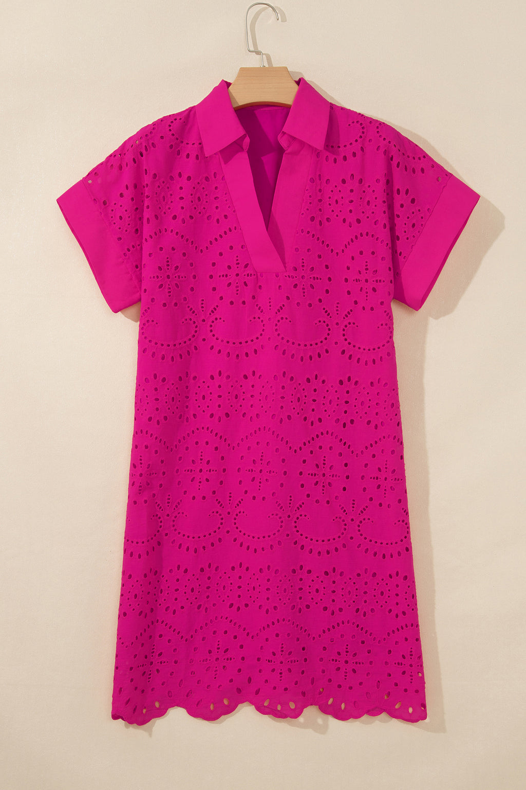 Dark Blue Solid Color Eyelet Embroidered T Shirt Mini Dress