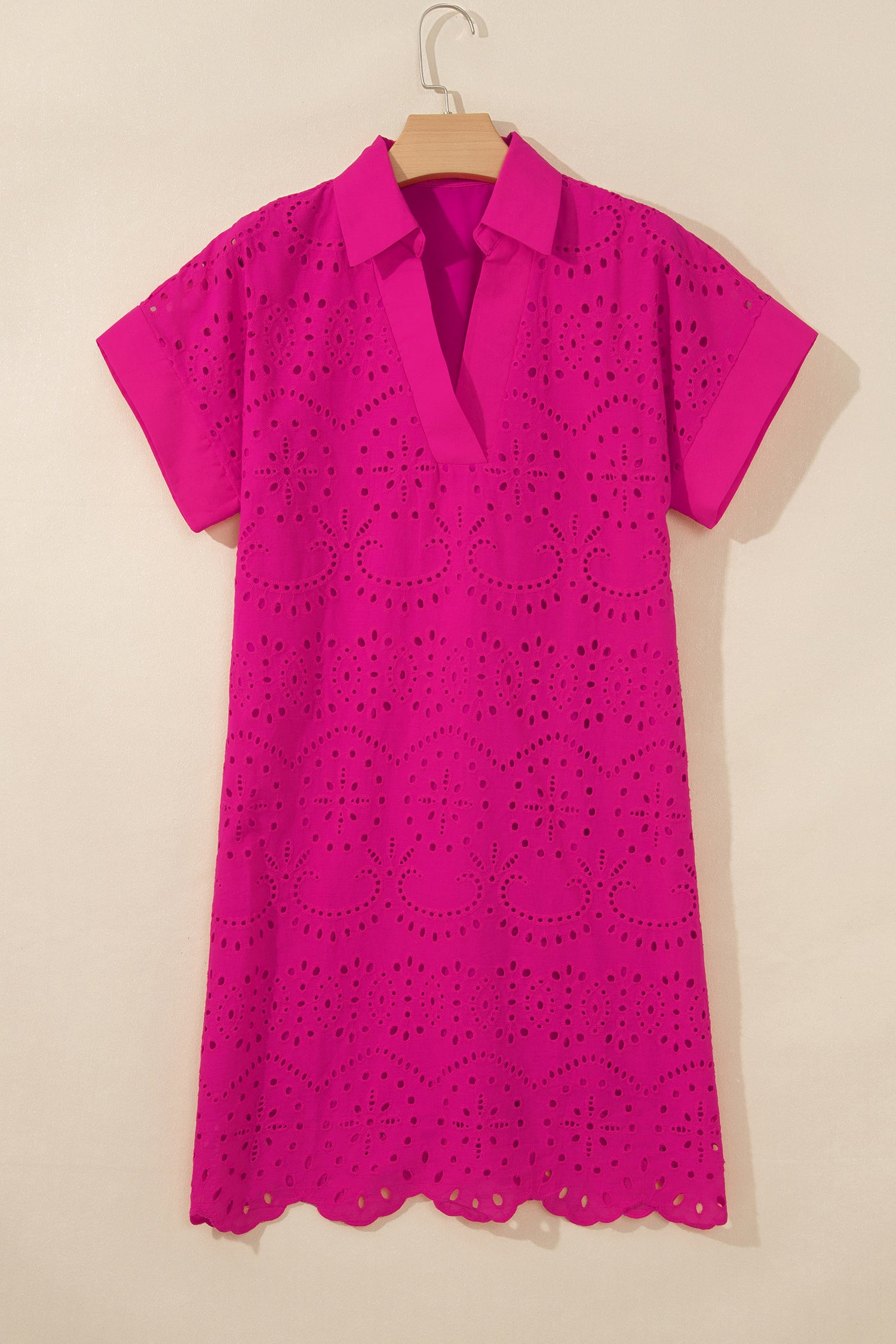 Dark Blue Solid Color Eyelet Embroidered T Shirt Mini Dress
