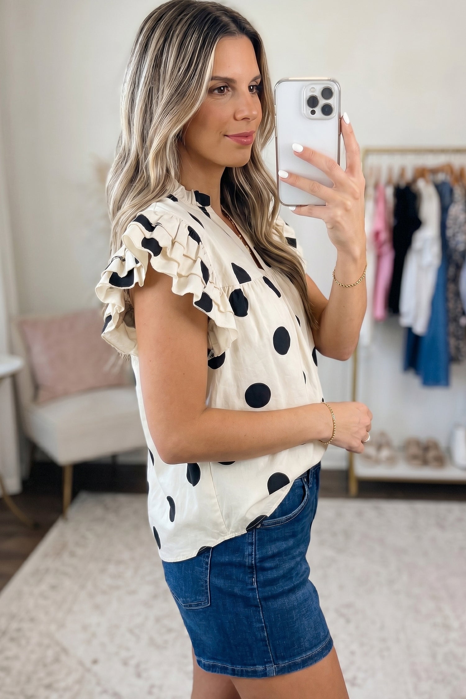 Apricot Casual Polka Dot V-Neck Ruffle Short Sleeve Shift Blouse
