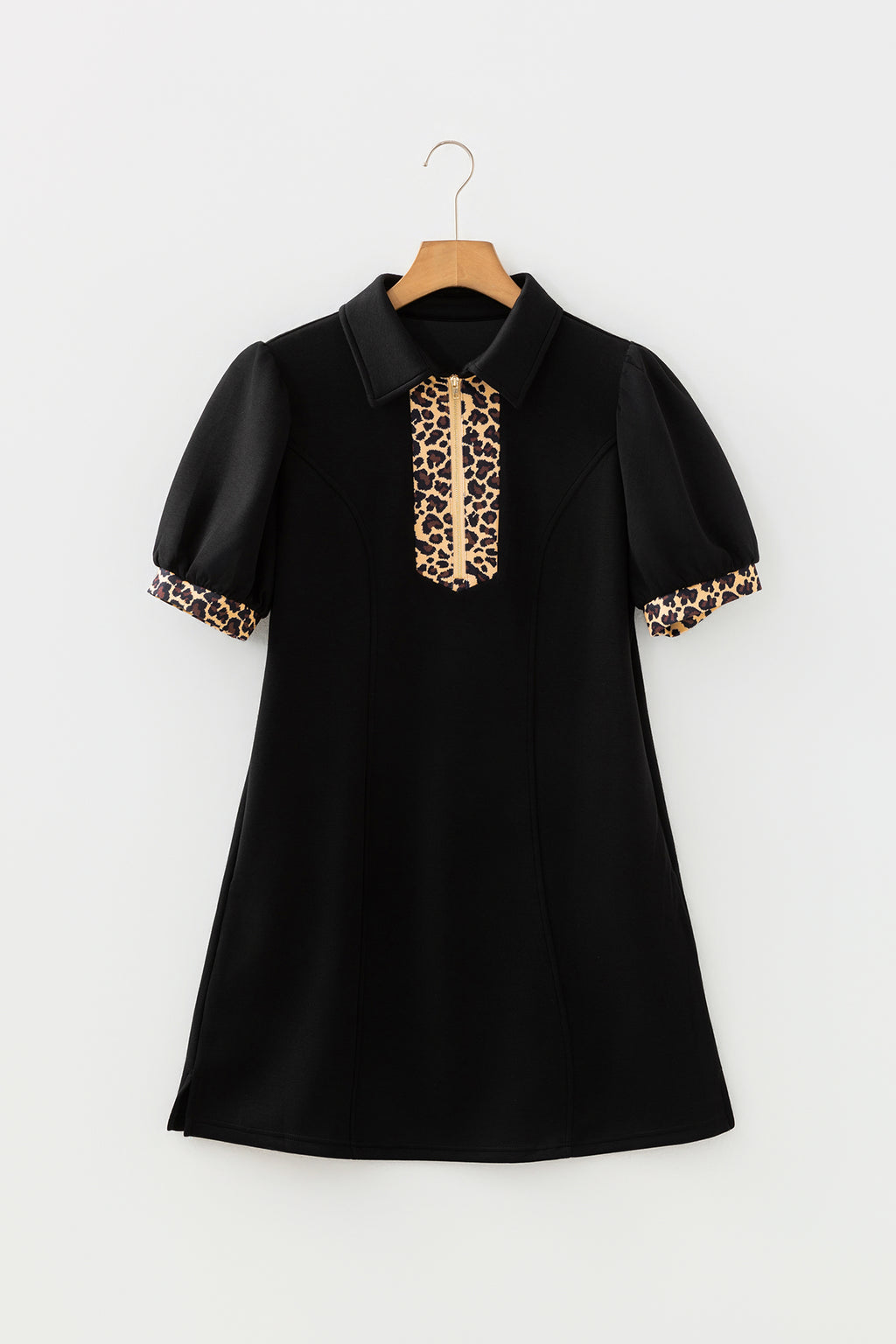 Black Leopard Zip Collared Short Puff Sleeve Mini Dress