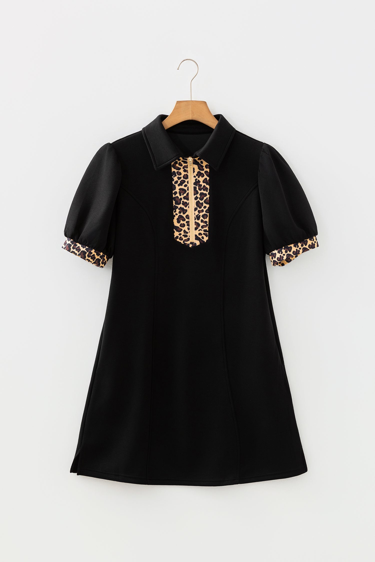 Black Leopard Zip Collared Short Puff Sleeve Mini Dress