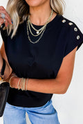 Black Casual Solid Short Sleeve Top with Metal Button Details Key Features