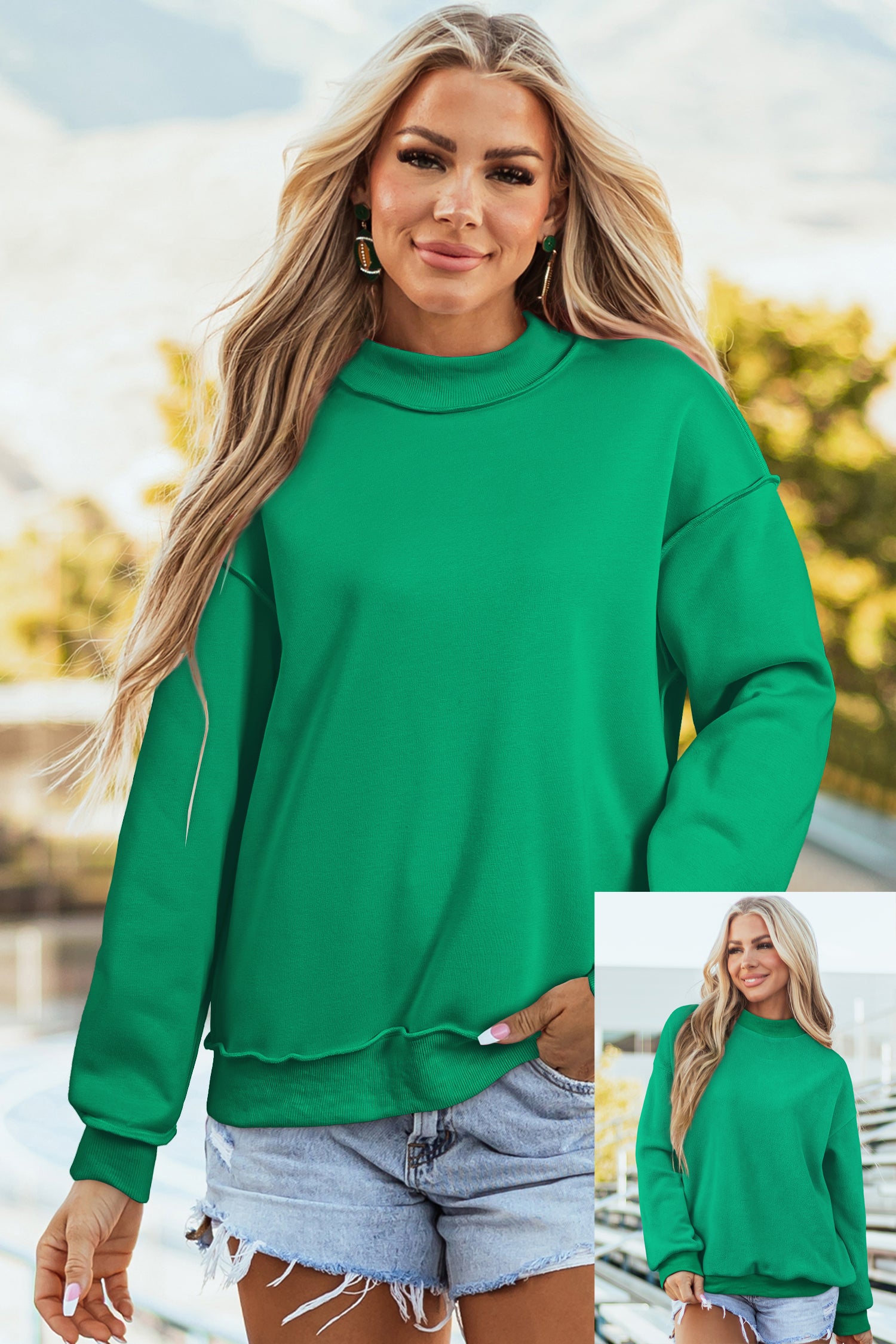 Red Dahlia Oversize Drop Shoulder Reversible Mock Neck Sweatshirt