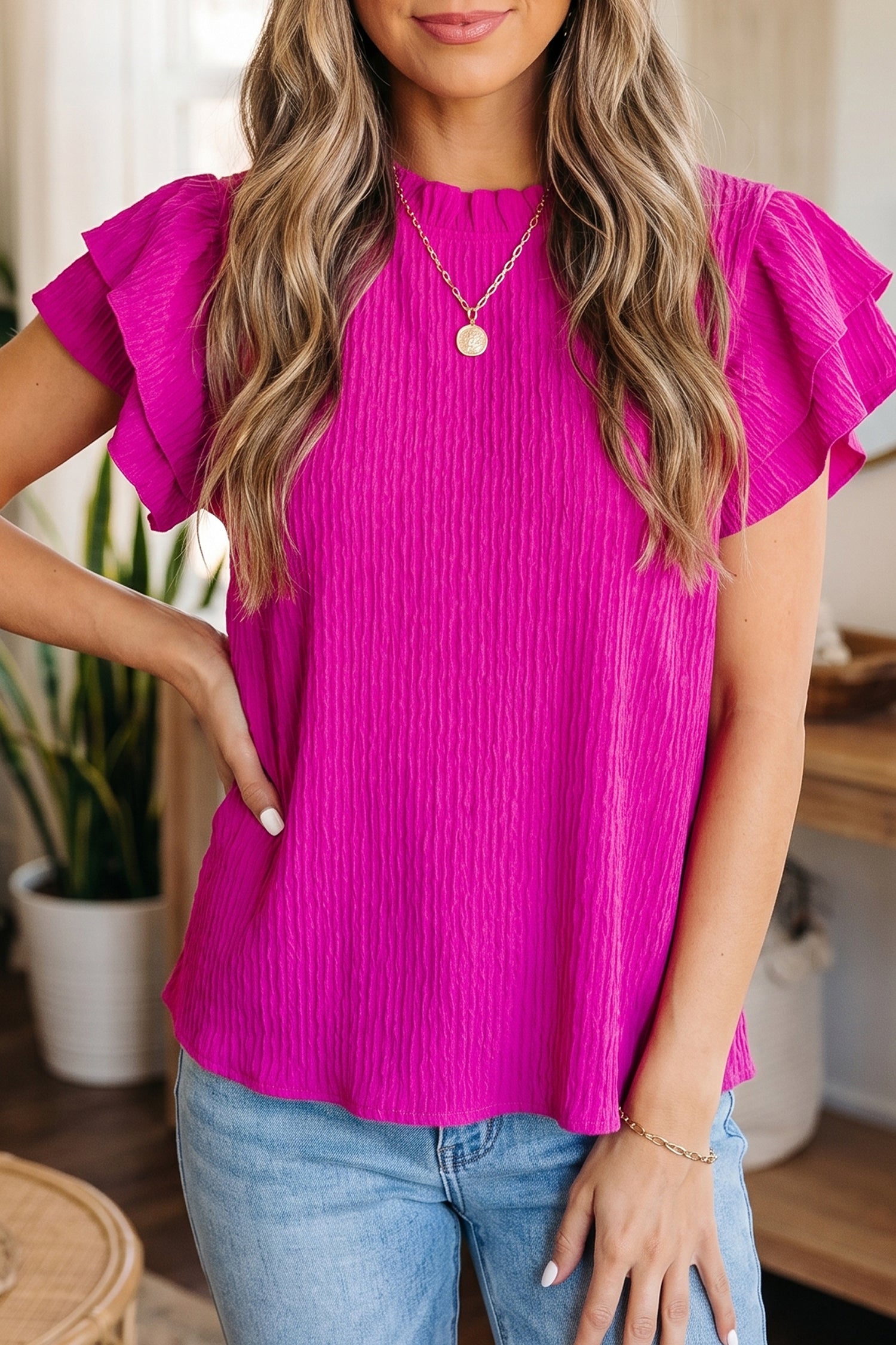 White Solid Color Textured Ruffle Trim Short Sleeve Blouse
