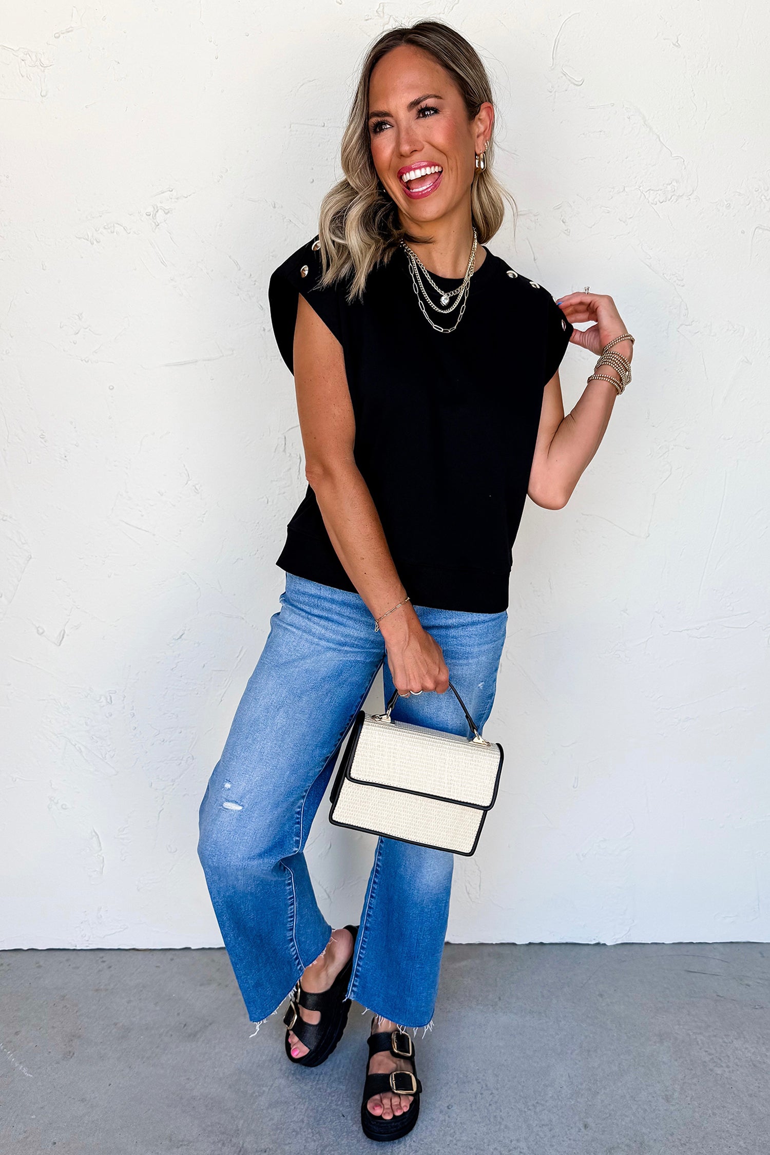 Black Casual Solid Short Sleeve Top with Metal Button Details Key Features