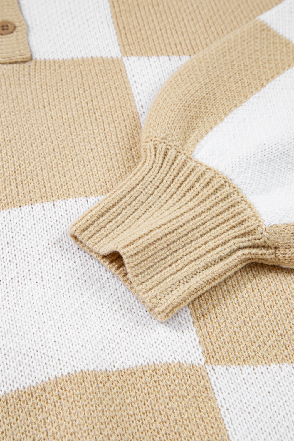 Light French Beige Checkered Pattern Polo Collar Loose Sweater