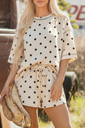 White Exposed Seam Detail Polka Dot Loose Tee Drawstring Shorts Set