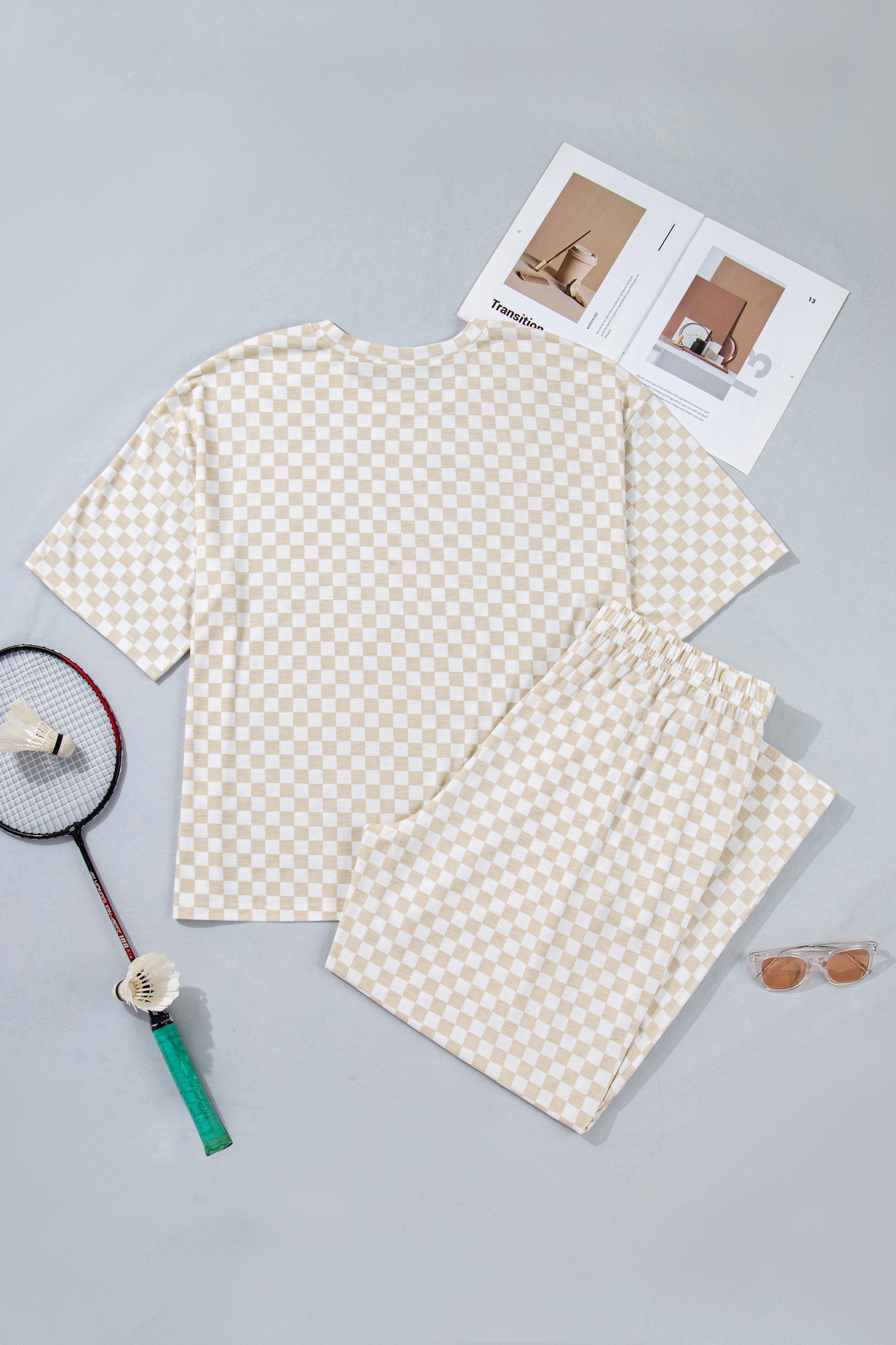 Khaki Plus Size Checkered Print Half Sleeve Tee Loose Pants Two-piece Lounge Set