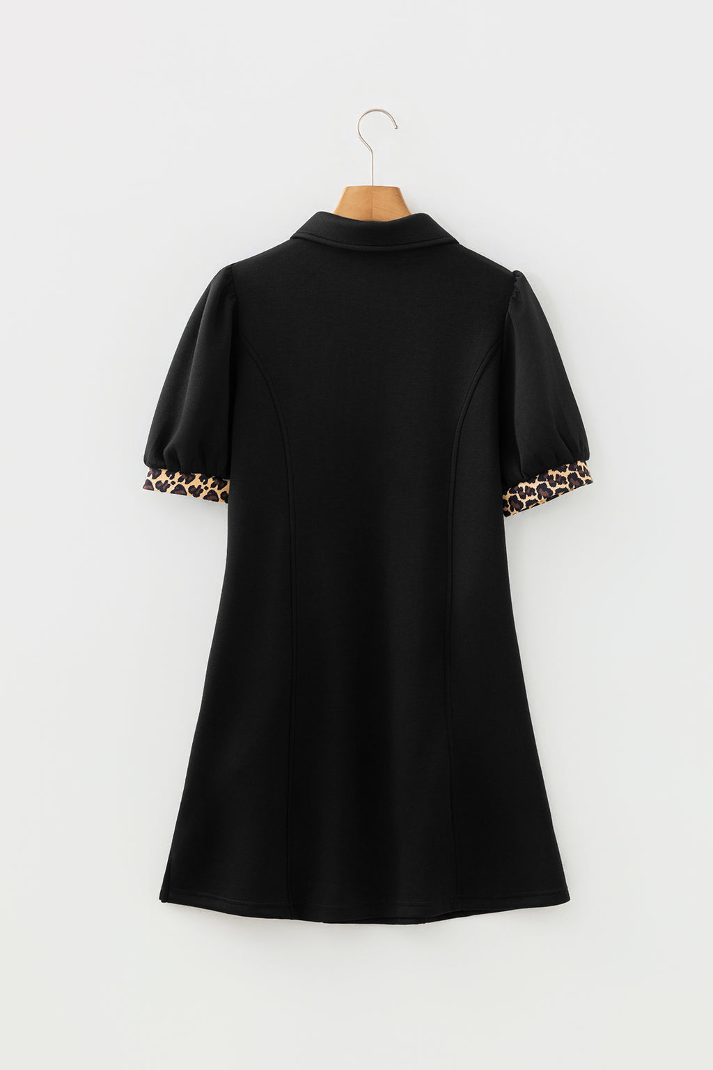 Black Leopard Zip Collared Short Puff Sleeve Mini Dress