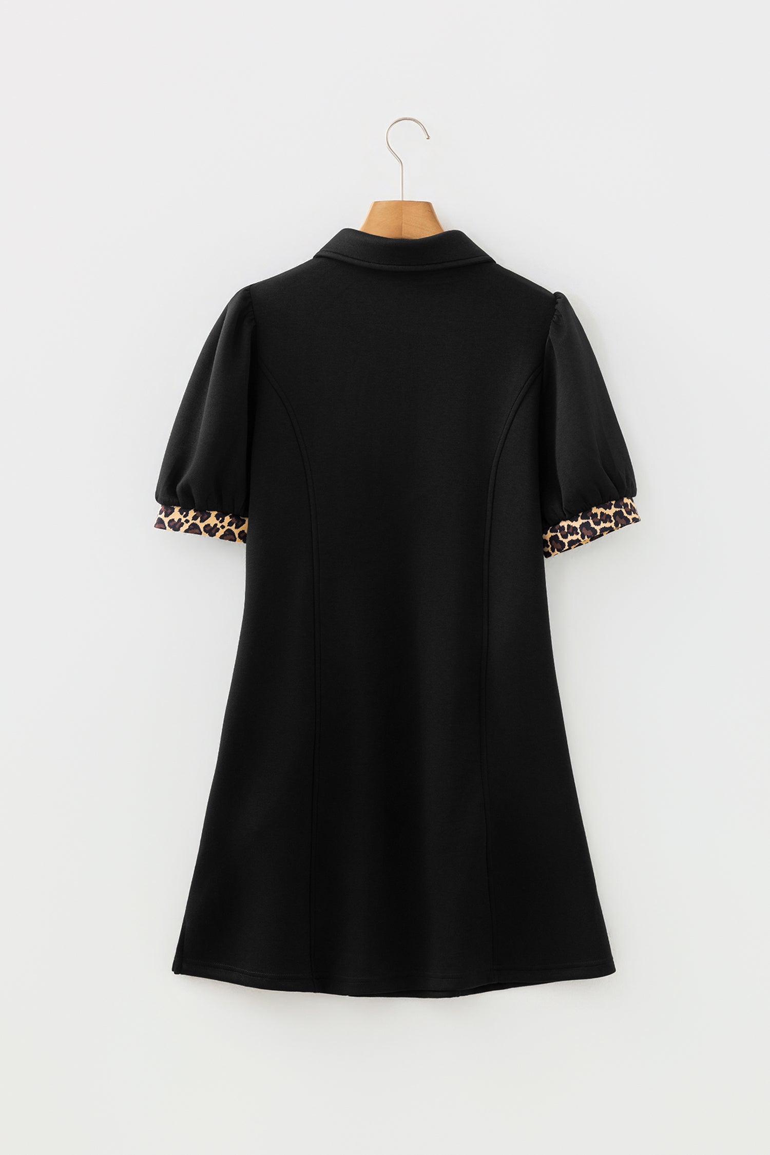 Black Leopard Zip Collared Short Puff Sleeve Mini Dress