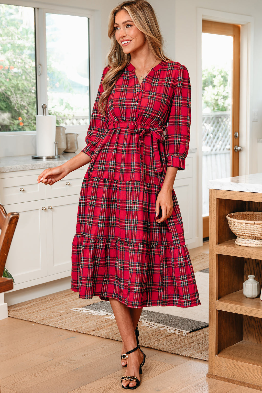 Red Plaid V Neck 3/4 Sleeve Tie Waist Ruffle Hem Long Dress
