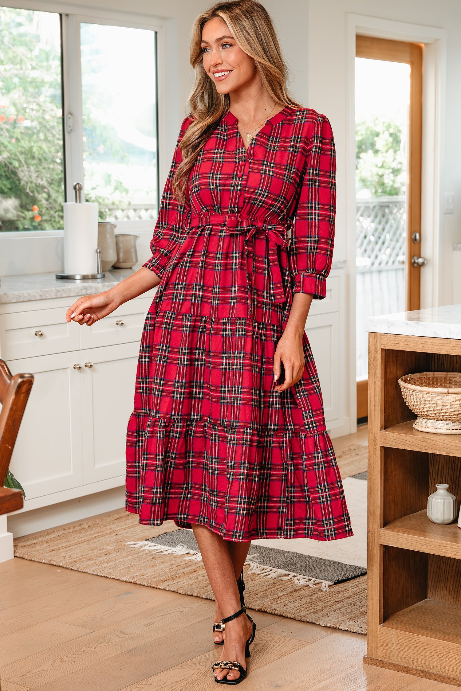 Red Plaid V Neck 3/4 Sleeve Tie Waist Ruffle Hem Long Dress