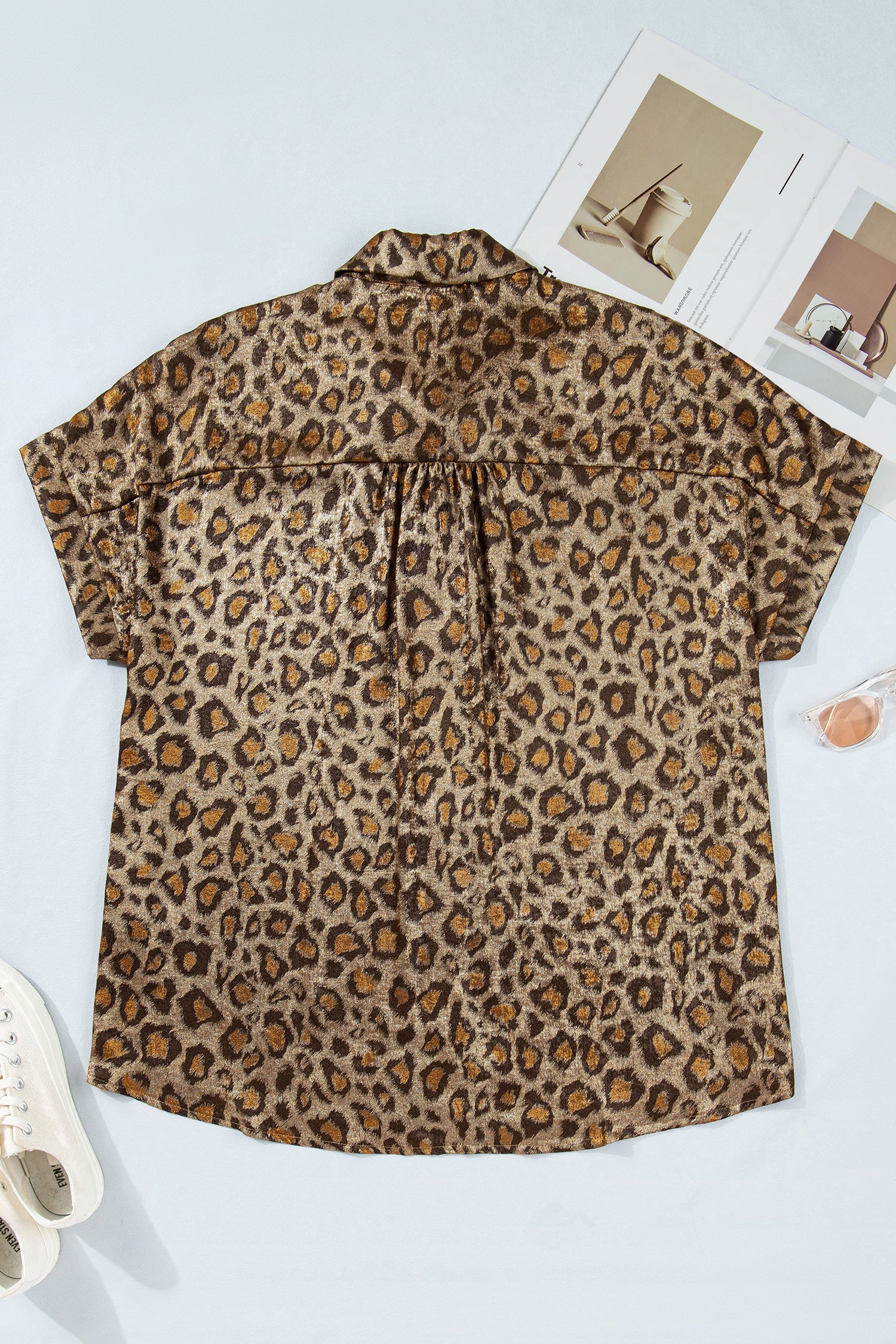 Gold Plus Size Leopard Print Short Sleeve Dolman Shirt