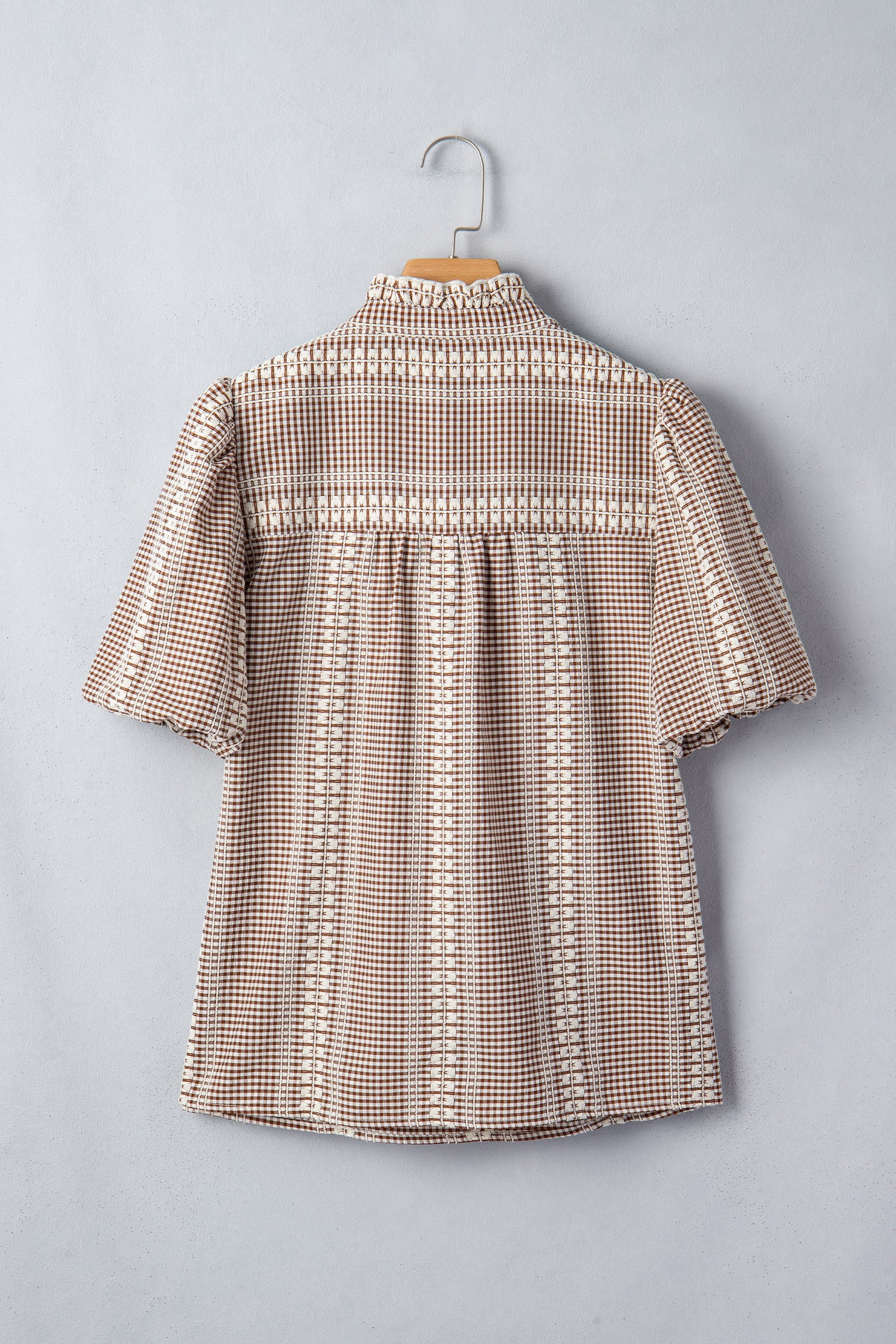 Brown Western Pony Embroidered Yoke Puff Sleeve Gingham Blouse