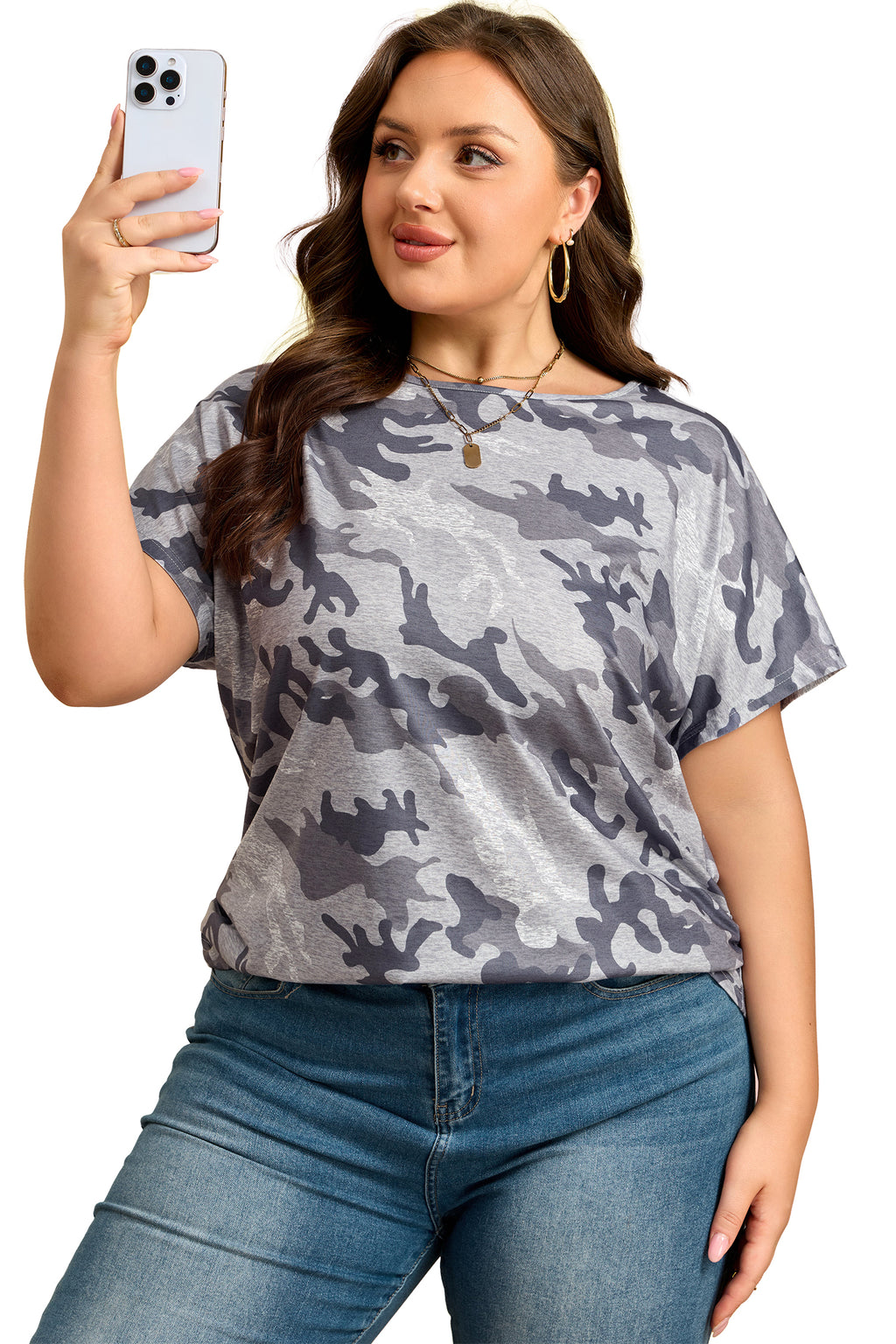 Gray Plus Size Camo Print Casual T Shirt