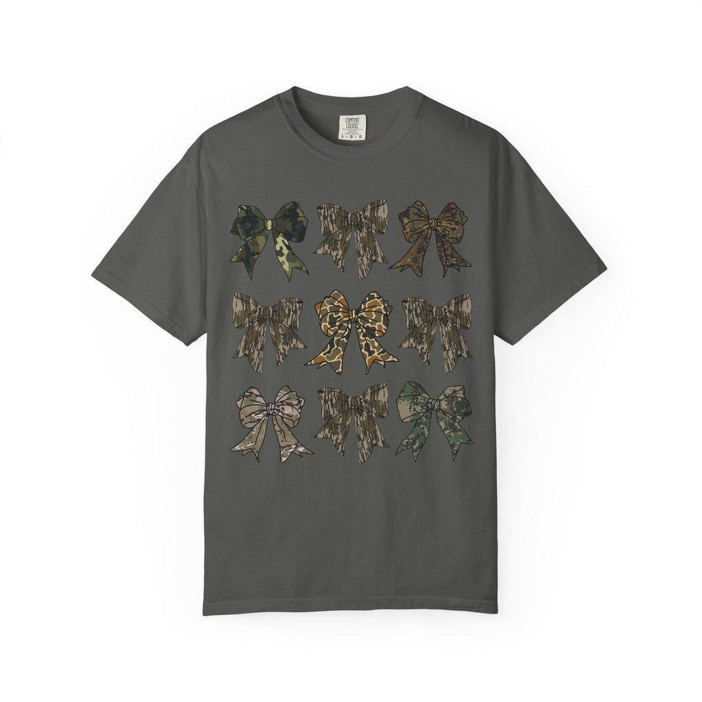 Camo Bow Tshirt | Coquette Camo Tee | Old School Hunting | Bows Tshirt | Southern Girl Aesthetic | Camo Gift for Her