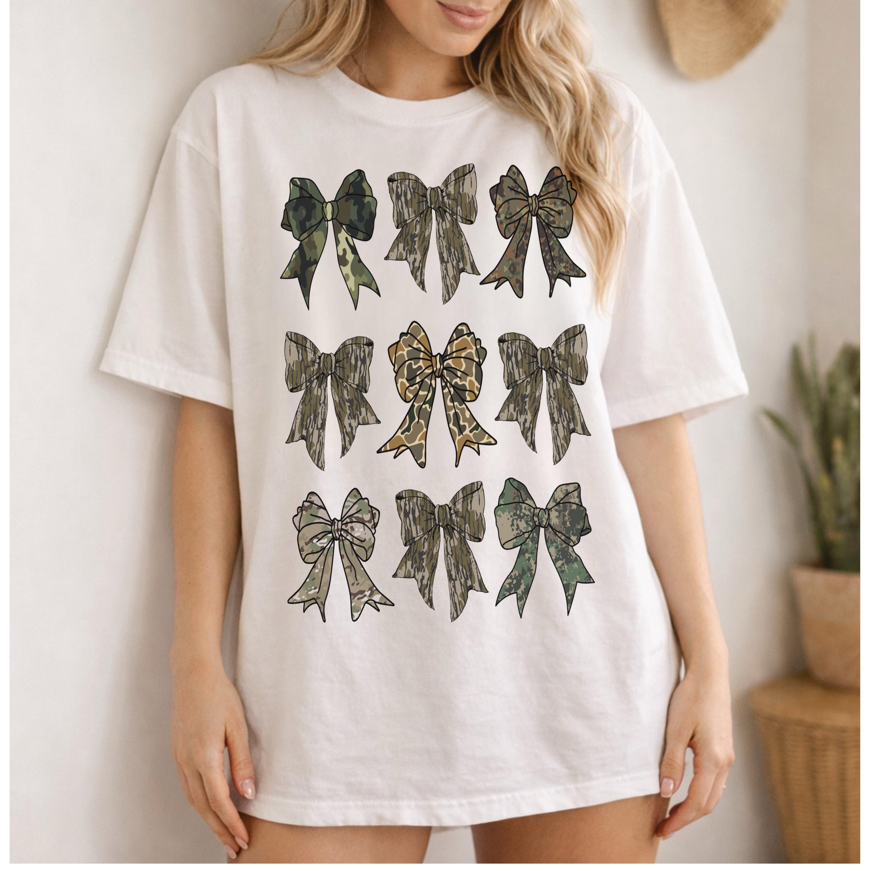 Camo Bow Tshirt | Coquette Camo Tee | Old School Hunting | Bows Tshirt | Southern Girl Aesthetic | Camo Gift for Her